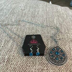 Paparazzi Silver Filigree Teardrop Necklace with Blue Crystal Accents